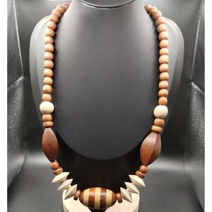 Vintage Wood Marketry Necklace Brown Tan Striped Statement Bead 22 Inch Boho